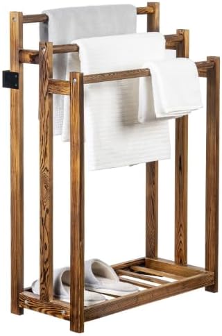 MyGift Free Standing Towel Rack, Wooden 3-Tier Quilt Rack, Bath Towel Drying Stand, Blanket Holder with Bottom Storage Shelf, for Bathroom, Living Room, Rustic Dark Brown