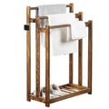 MyGift Free Standing Towel Rack, Wooden 3-Tier Quilt Rack, Bath Towel Drying Stand, Blanket Holder with Bottom Storage Shelf, for Bathroom, Living Room, Rustic Dark Brown
