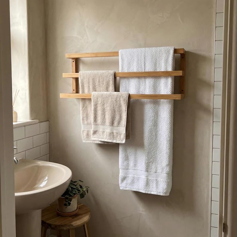 3-Tier Bamboo Wall Mount Towel Rack, Modern Wooden Bathroom Towel Storage Holder for Bath Linens, Hand Towels, Blankets