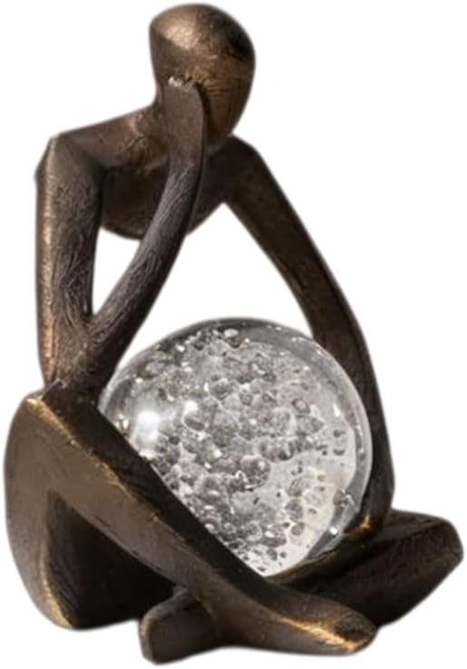 Lucky Crystal Ball Thinker Statue – Abstract Resin Figurine with Bronze Finish, Modern Home & Office Decor Sculpture Symbolizing Luck and Clarity, Artistic Gift for Men & Women