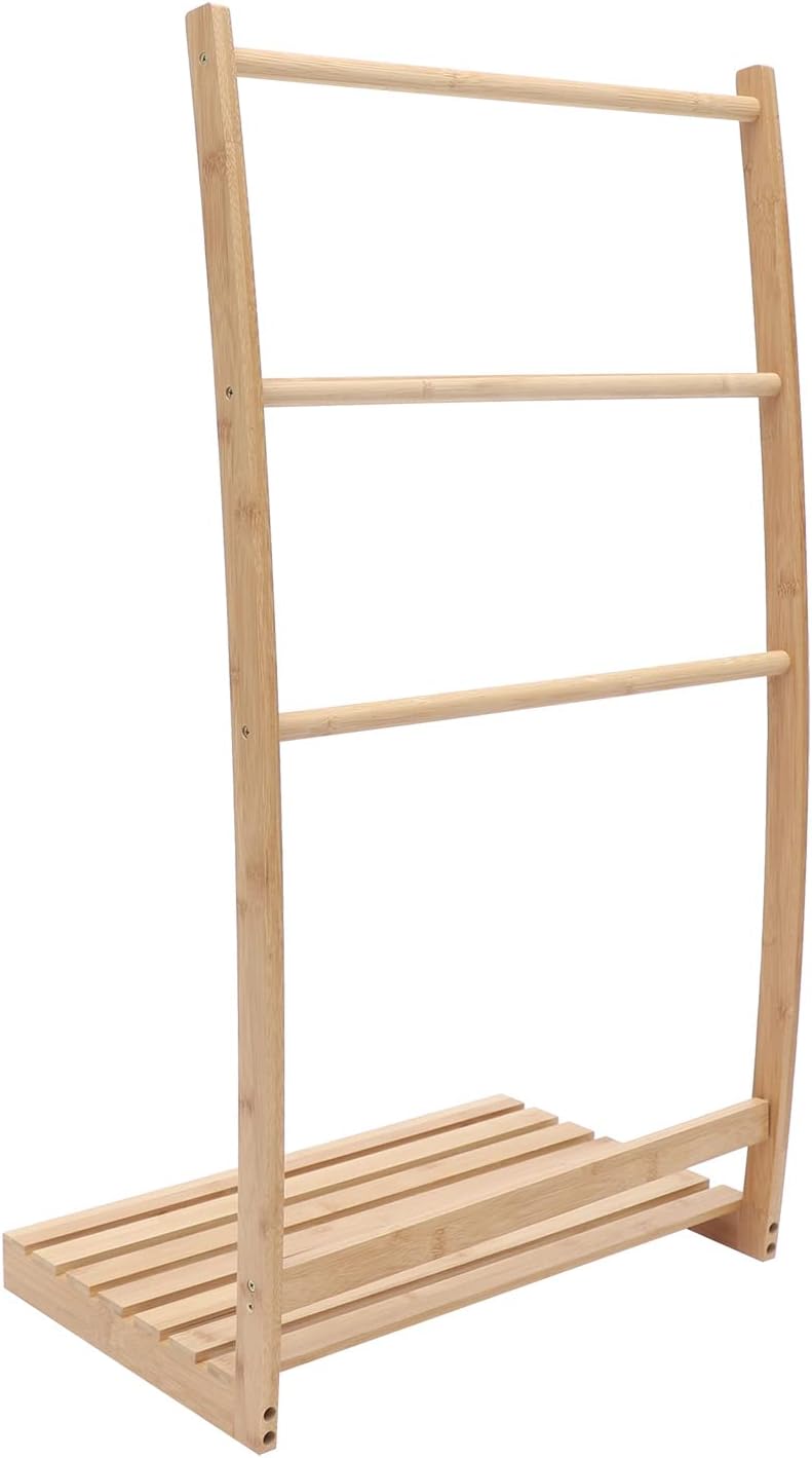 Vintage 33.27”H 3 Layer Bamboo Bathroom Towel Ladder Rack Holder, Freestanding Towel Hanging and Dry Rack Holder, Bath Towel Storage Organizer Shelf for Home Hotel Bathroom