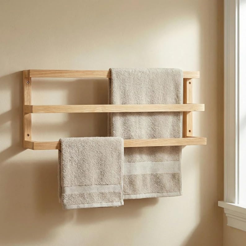 3-Tier Bamboo Wall Mount Towel Rack, Modern Wooden Bathroom Towel Storage Holder for Bath Linens, Hand Towels, Blankets