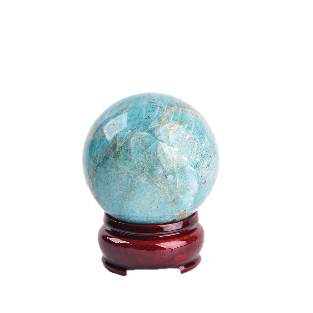 JIC Gem Natural Amazonite Crystal Sphere with Wood Stand Gemstone Sphere,Polished Healing Energy Mineral Gemstone Balls for Reiki Chakra Decoration Fengshui (60-70mm)