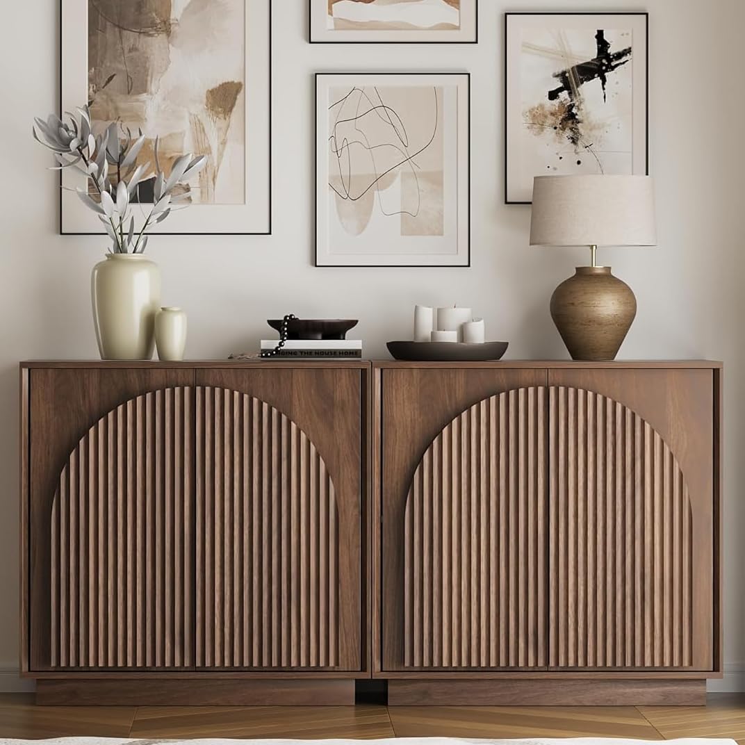 win2win Fluted Sideboard Buffet Cabinet with Storage,31.5" Mid Century Modern Accent Cabinet with Double-Layered Arch Door,Small Wood Console Credenza for Dining Living Room Hallway,Walnut,1PCS
