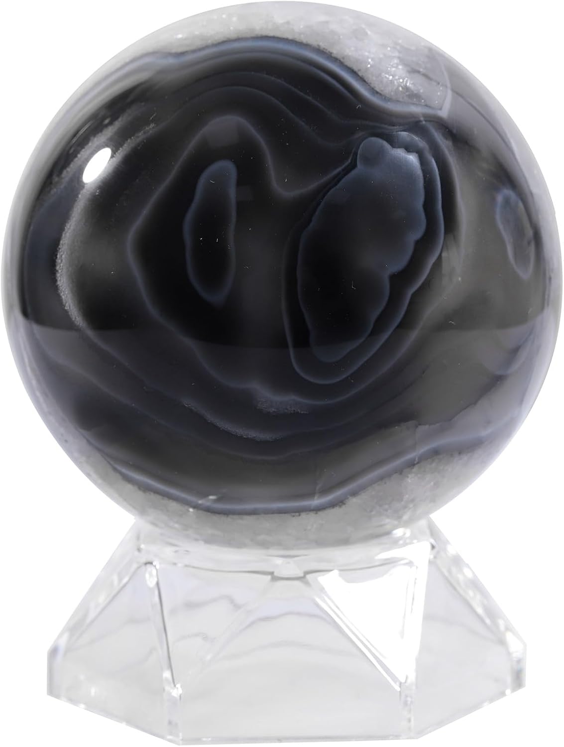 Sportmusies Natural Stripes Black Agate Stone Sphere with Acrylic Stand, Polished Crystal Ball Decoration for Home & Office, 2.36-2.76 inches