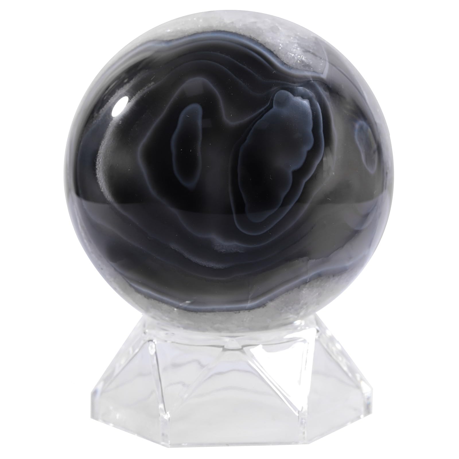 Sportmusies Natural Stripes Black Agate Stone Sphere with Acrylic Stand, Polished Crystal Ball Decoration for Home & Office, 2.36-2.76 inches