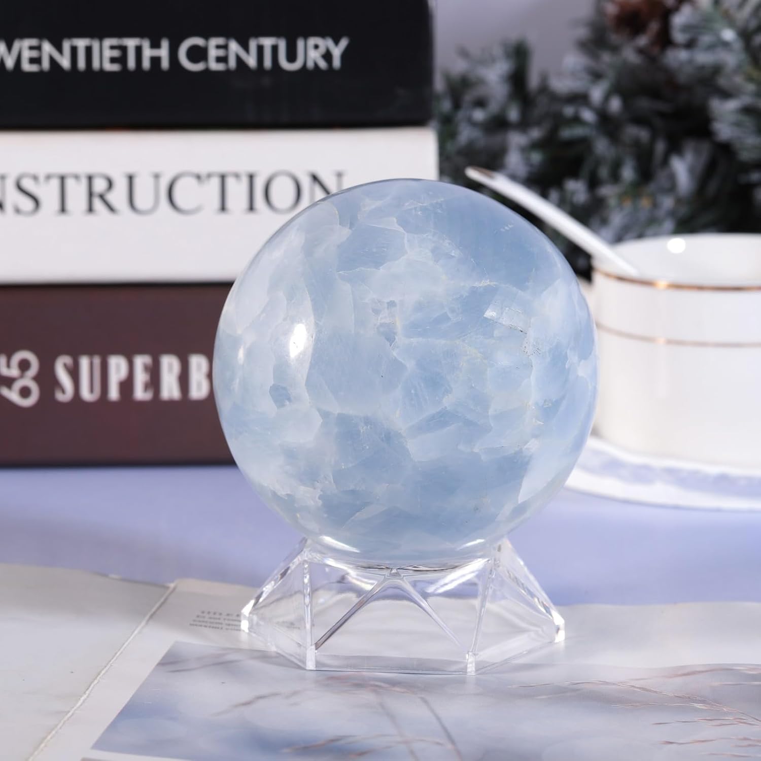 Sportmusies Natural Blue Celestite Stone Sphere with Acrylic Stand, Polished Crystal Ball Decoration for Home & Office
