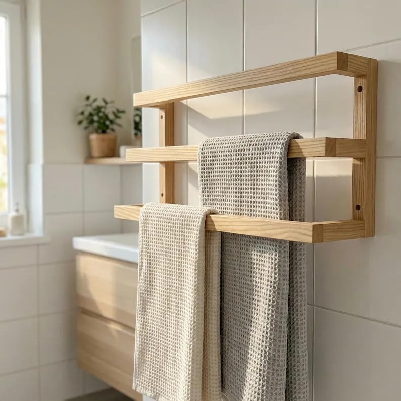 3-Tier Bamboo Wall Mount Towel Rack, Modern Wooden Bathroom Towel Storage Holder for Bath Linens, Hand Towels, Blankets