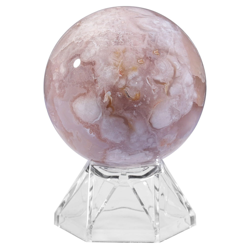 Sportmusies Natural Cherry Blossom Agate Stone Sphere with Acrylic Stand, Polished Crystal Ball Decoration for Home & Office, 2.76-3.15 inches