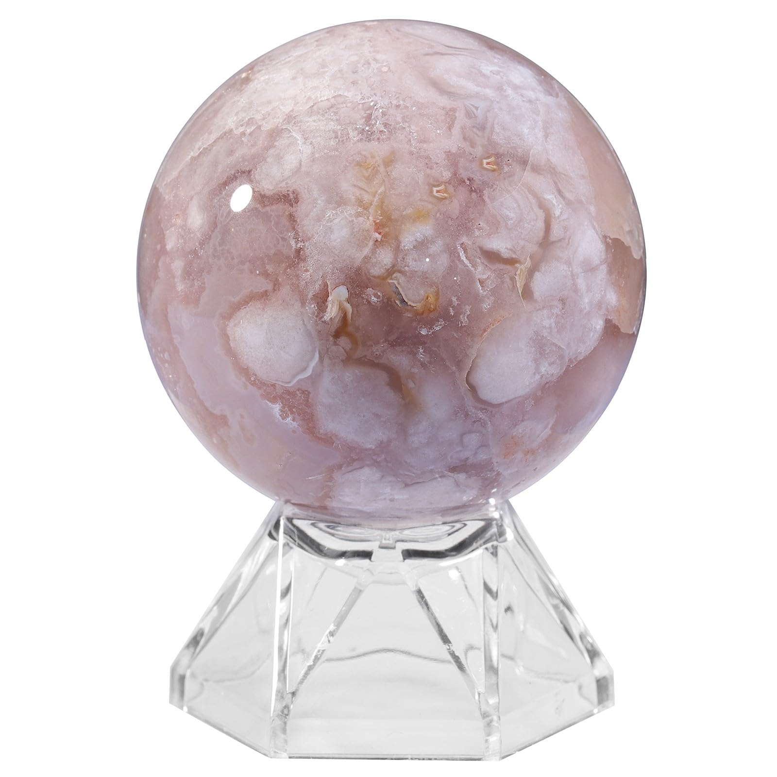 Sportmusies Natural Cherry Blossom Agate Stone Sphere with Acrylic Stand, Polished Crystal Ball Decoration for Home & Office, 2.76-3.15 inches