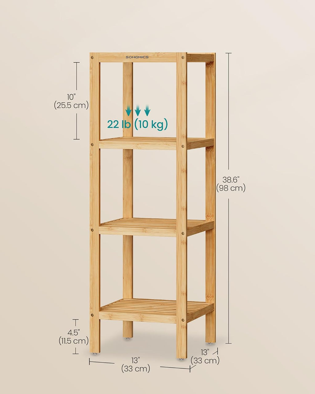 SONGMICS 4-Tier Bamboo Shelf, Narrow Bathroom Shelf, Standing Towel Rack, Corner Rack, for Kitchen, Living Room, Bedroom, Entryway, Bathroom, Natural UBCB54Y