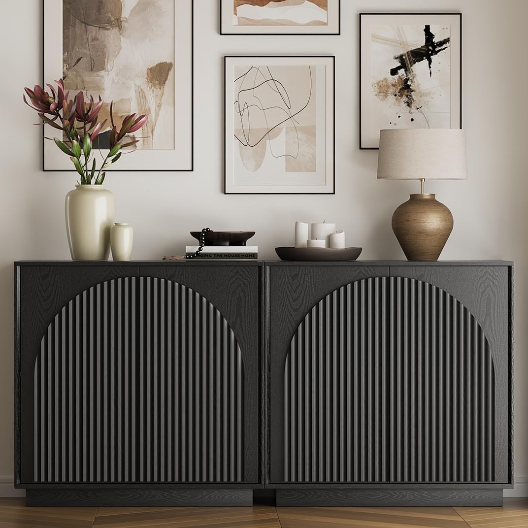 win2win Fluted Sideboard Buffet Cabinet with Storage,31.5" Mid Century Modern Accent Cabinet with Double-Layered Arch Door,Small Wood Console Credenza for Dining Living Room Hallway,Walnut,1PCS