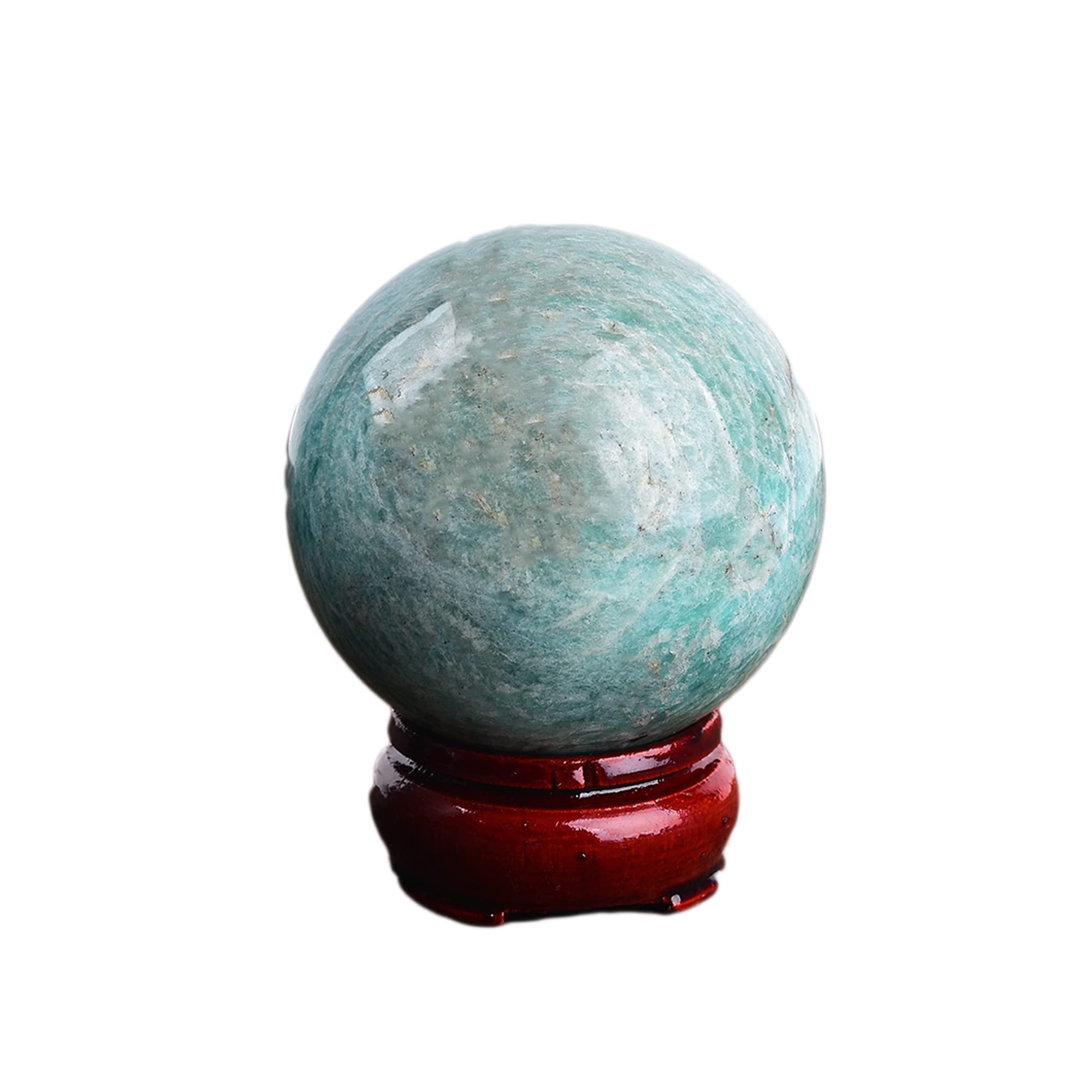 JIC Gem Natural Amazonite Crystal Sphere with Wood Stand Gemstone Sphere,Polished Healing Energy Mineral Gemstone Balls for Reiki Chakra Decoration Fengshui (60-70mm)