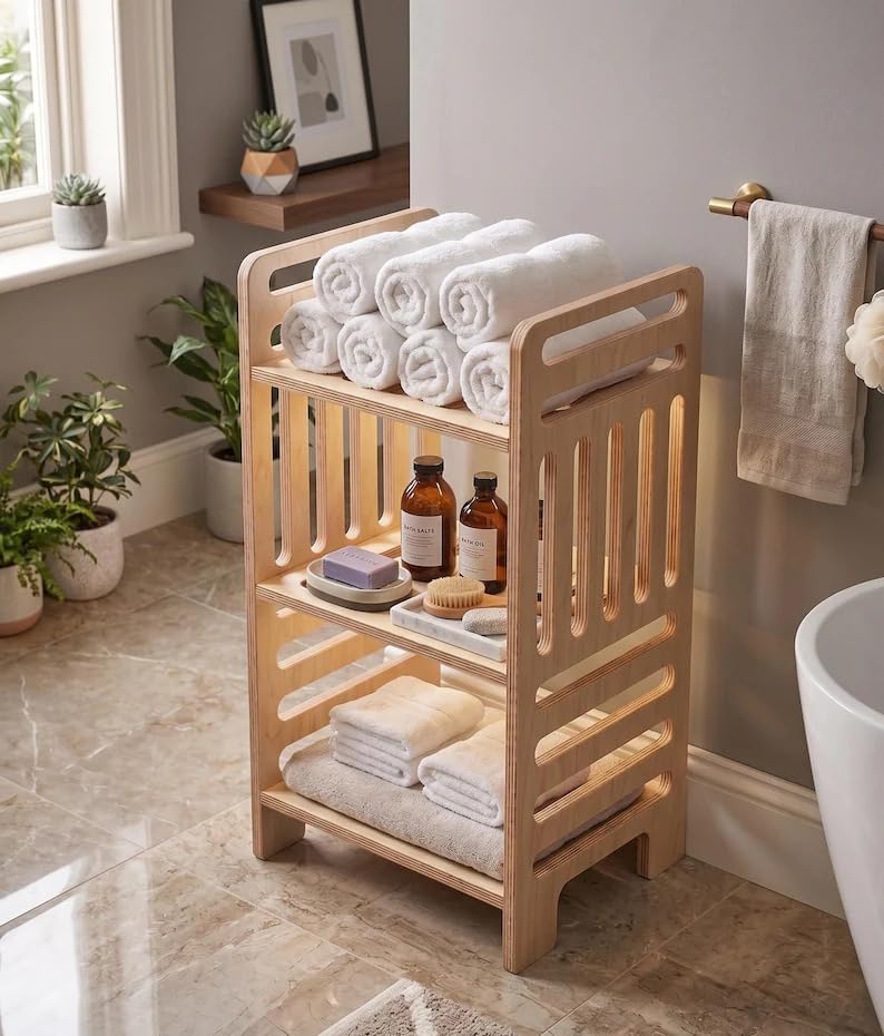 Modern Bamboo 3-Tier Floor Shelf for Towels Toiletries Bathroom Bedroom