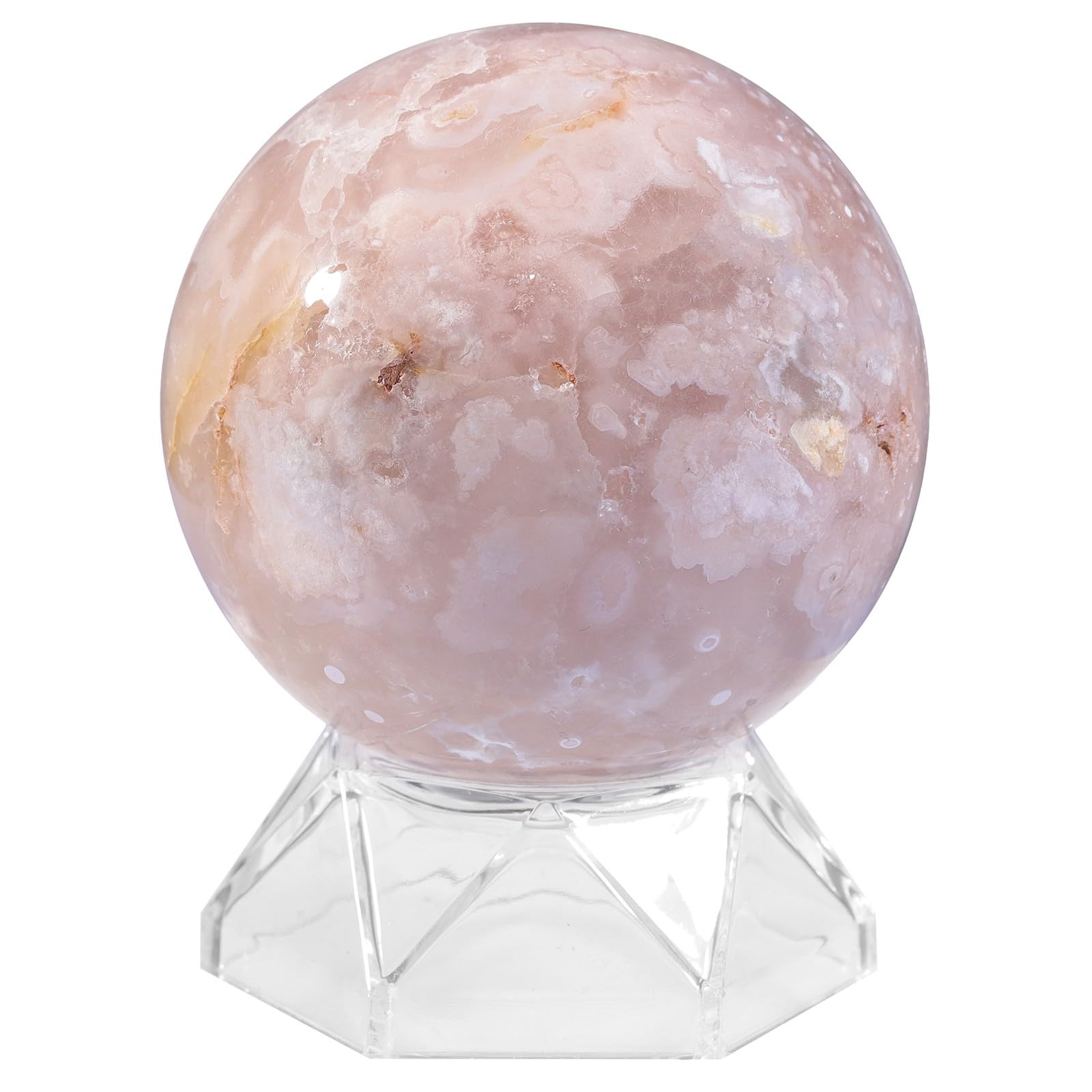 Sportmusies Natural Cherry Blossom Agate Stone Sphere with Acrylic Stand, Polished Crystal Ball Decoration for Home & Office, 2.76-3.15 inches