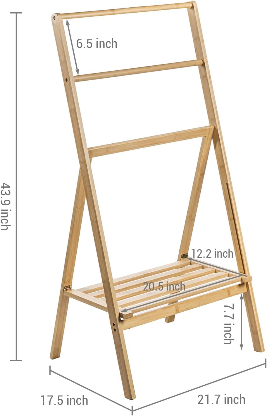 MyGift 3 Tier Free Standing Towel Rack for Bathroom, Pool Outdoor, Foldable Blanket Ladder with Storage Shelf, 43" H Bath Towel Holder Organizer Drying Rack, Light Brown Solid Bamboo Quilt Rack
