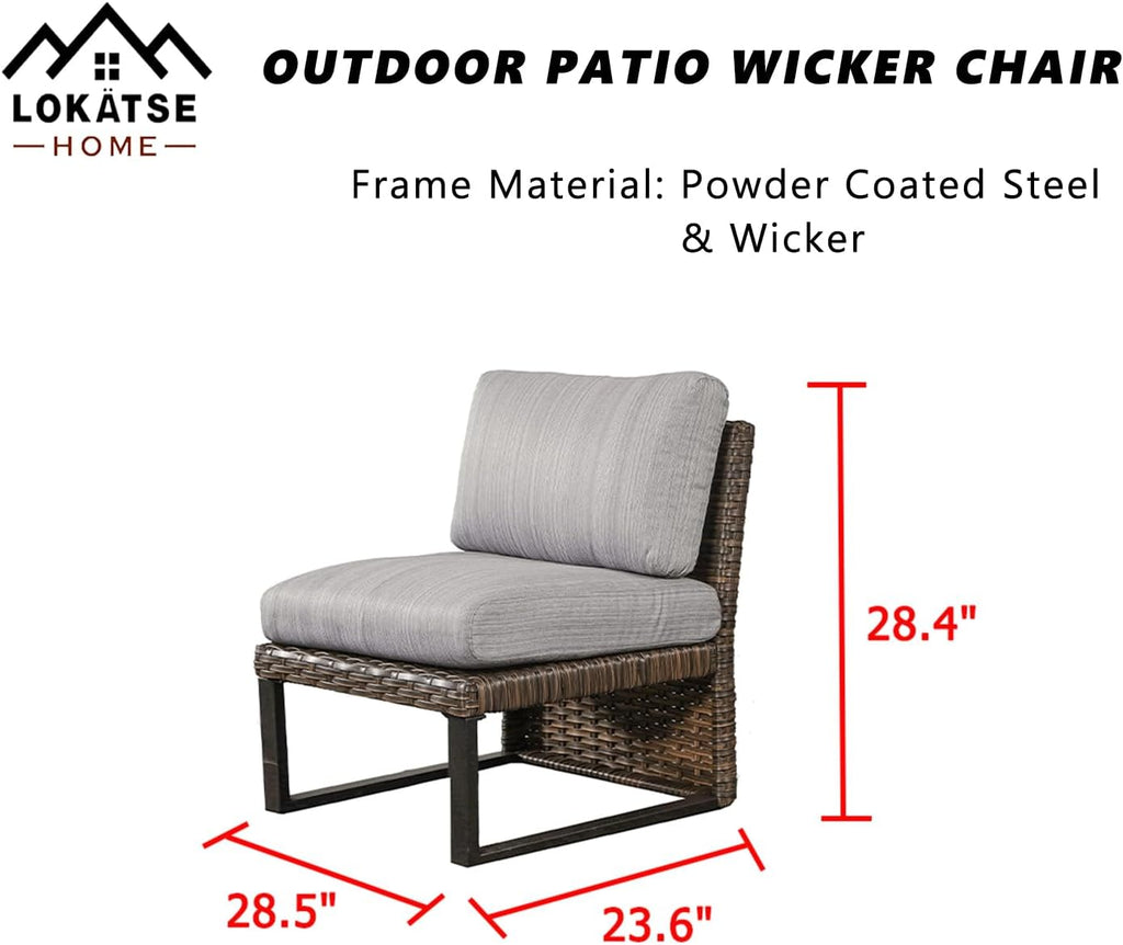 LOKATSE Home Outdoor Wicker Chair Patio Dining Metal Furniture Rattan Armless Sofa with Cushion