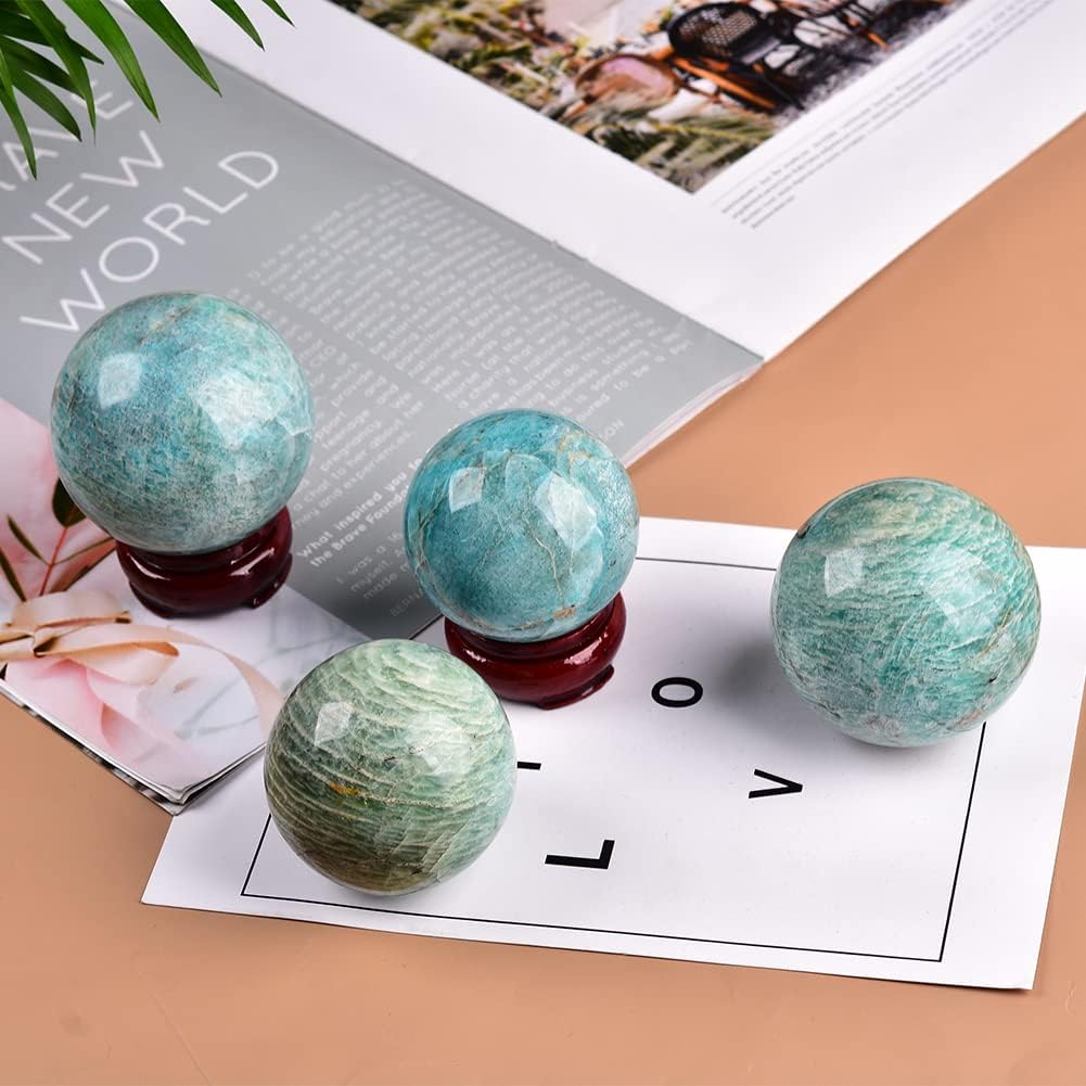 JIC Gem Natural Amazonite Crystal Sphere with Wood Stand Gemstone Sphere,Polished Healing Energy Mineral Gemstone Balls for Reiki Chakra Decoration Fengshui (60-70mm)