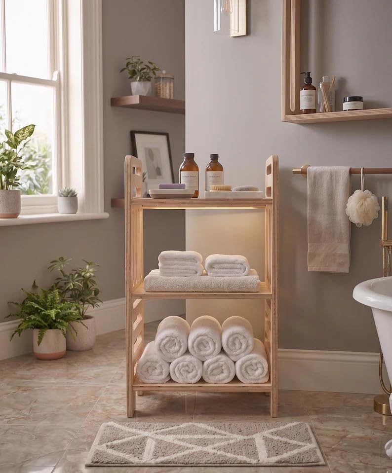 Modern Bamboo 3-Tier Floor Shelf for Towels Toiletries Bathroom Bedroom