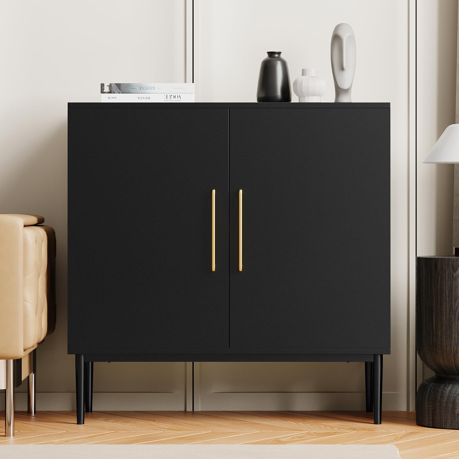 Fluted Storage Cabinet, Buffet Cabinet with Storage, Wood Sideboard with Adjustable Shelf, Modern Accent Cabinet & Console Table for Entryway, Living Room, Dining Room, Natural