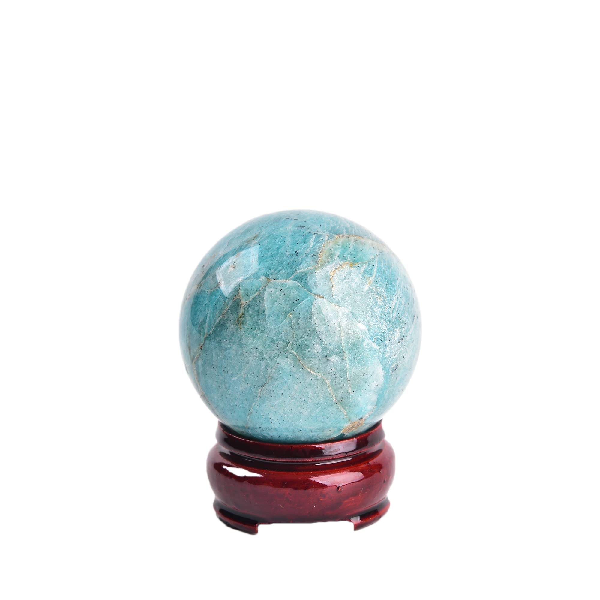 JIC Gem Natural Amazonite Crystal Sphere with Wood Stand Gemstone Sphere,Polished Healing Energy Mineral Gemstone Balls for Reiki Chakra Decoration Fengshui (60-70mm)