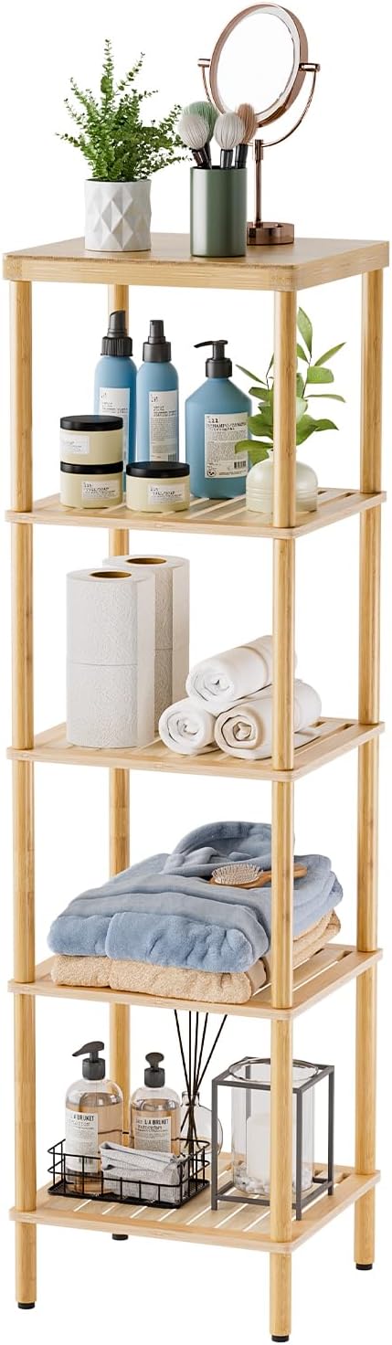 AmazerBath Bamboo Bathroom Shelf, 4-Tier Bathroom Storage Shelf, Multifunctional Storage Rack for Living Room Bedroom Kitchen, Space Saver