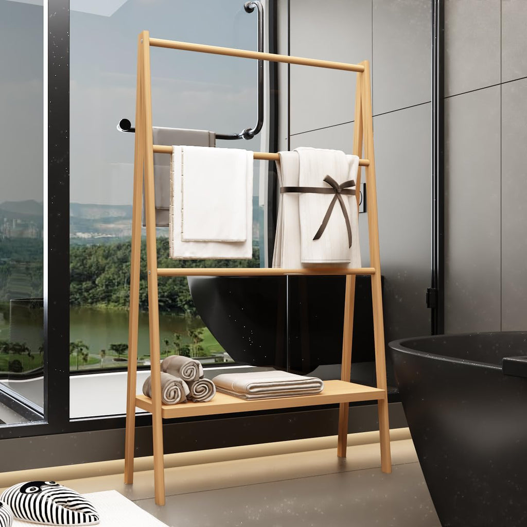 Handcrafted Bamboo Trapezoid Towel Rack with Storage Shelf - Indoor & Outdoor Use