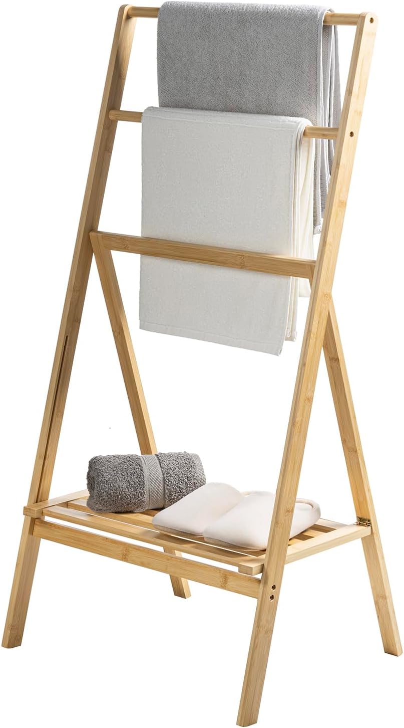 MyGift 3 Tier Free Standing Towel Rack for Bathroom, Pool Outdoor, Foldable Blanket Ladder with Storage Shelf, 43" H Bath Towel Holder Organizer Drying Rack, Light Brown Solid Bamboo Quilt Rack