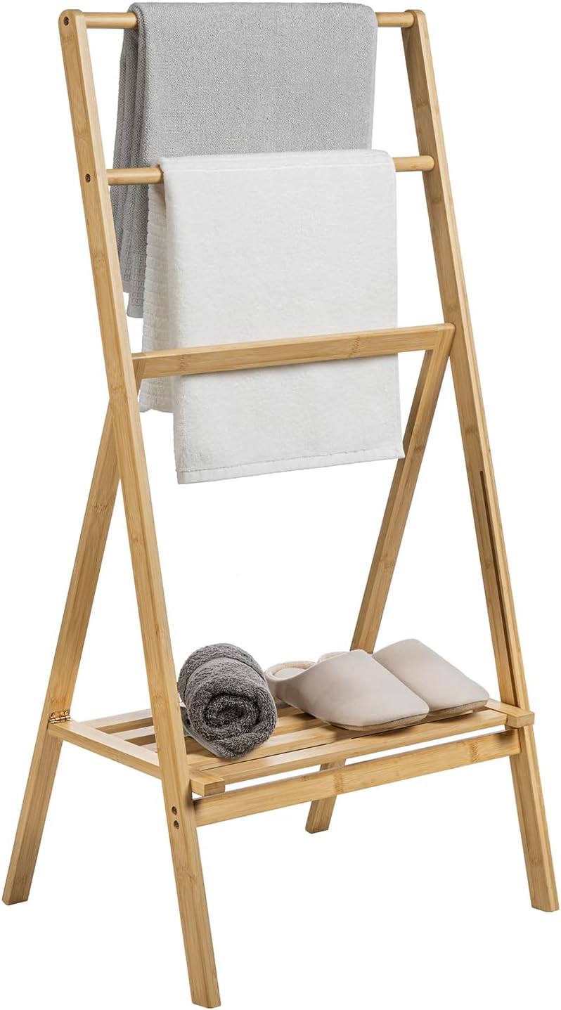 MyGift 3 Tier Free Standing Towel Rack for Bathroom, Pool Outdoor, Foldable Blanket Ladder with Storage Shelf, 43" H Bath Towel Holder Organizer Drying Rack, Light Brown Solid Bamboo Quilt Rack