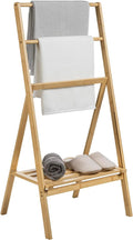 MyGift 3 Tier Free Standing Towel Rack for Bathroom, Pool Outdoor, Foldable Blanket Ladder with Storage Shelf, 43" H Bath Towel Holder Organizer Drying Rack, Light Brown Solid Bamboo Quilt Rack