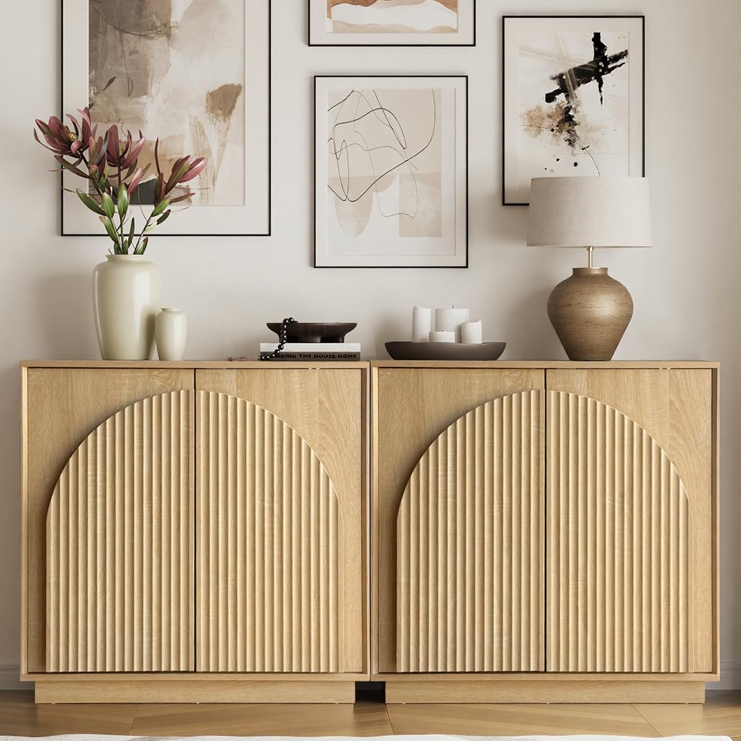 win2win Fluted Sideboard Buffet Cabinet with Storage,31.5" Mid Century Modern Accent Cabinet with Double-Layered Arch Door,Small Wood Console Credenza for Dining Living Room Hallway,Walnut,1PCS