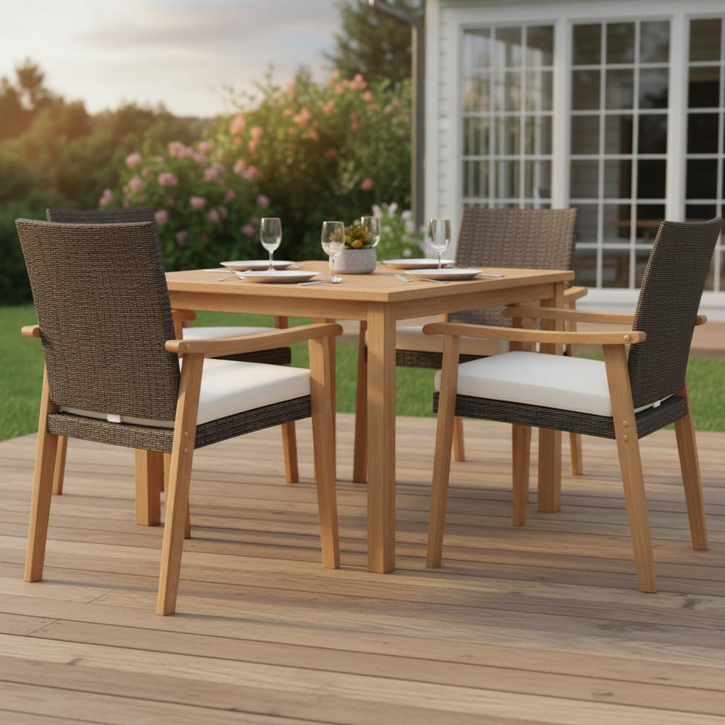 Tangkula Wicker Patio Dining Chair Set of 2, PE Rattan Outdoor Dinner Chairs with Removable Cushion, Acacia Wood Armrests & Legs, Outside Chairs for Backyard, Poolside, Porch, Yard, Balcony