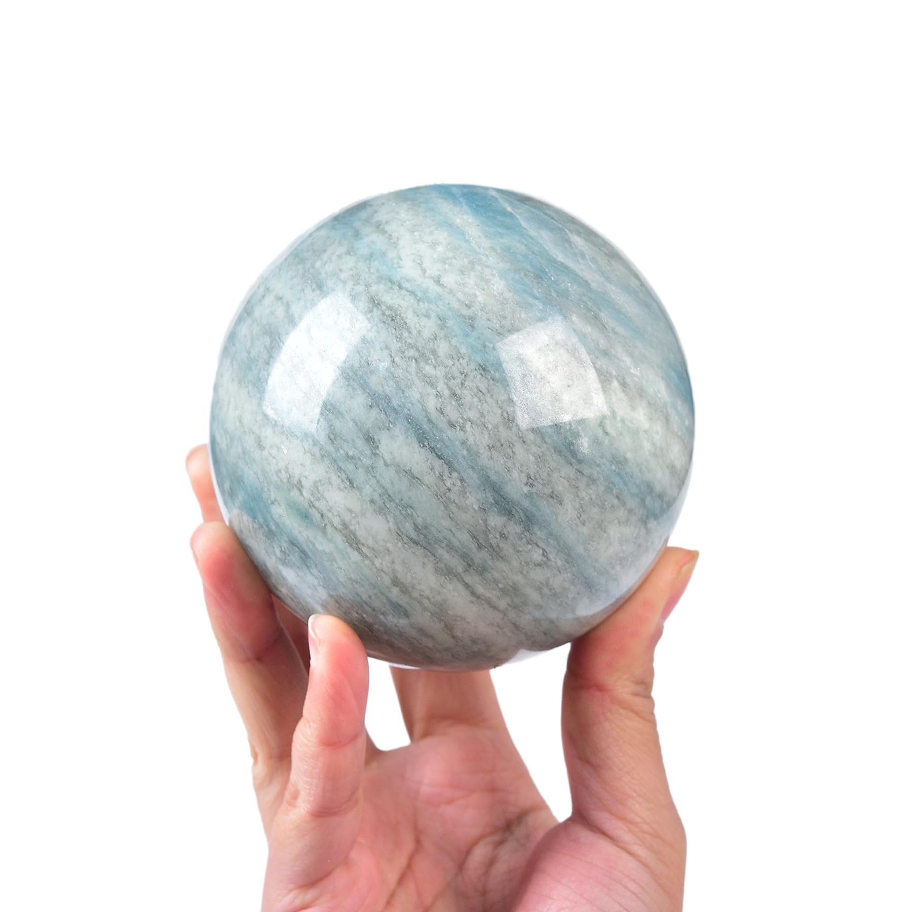 JIC Gem Natural Amazonite Crystal Sphere with Wood Stand Gemstone Sphere,Polished Healing Energy Mineral Gemstone Balls for Reiki Chakra Decoration Fengshui (60-70mm)