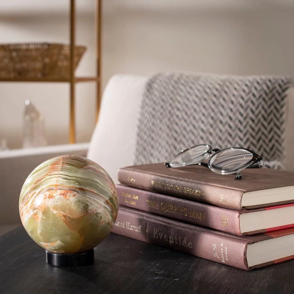 KALIFANO - Green Onyx Sphere, Unearthed and Hand-Carved in Pakistan, Timeless, Unique, and Elegant Decor Accent, Office or Home Decor