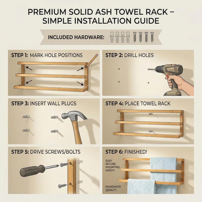 3-Tier Bamboo Wall Mount Towel Rack, Modern Wooden Bathroom Towel Storage Holder for Bath Linens, Hand Towels, Blankets