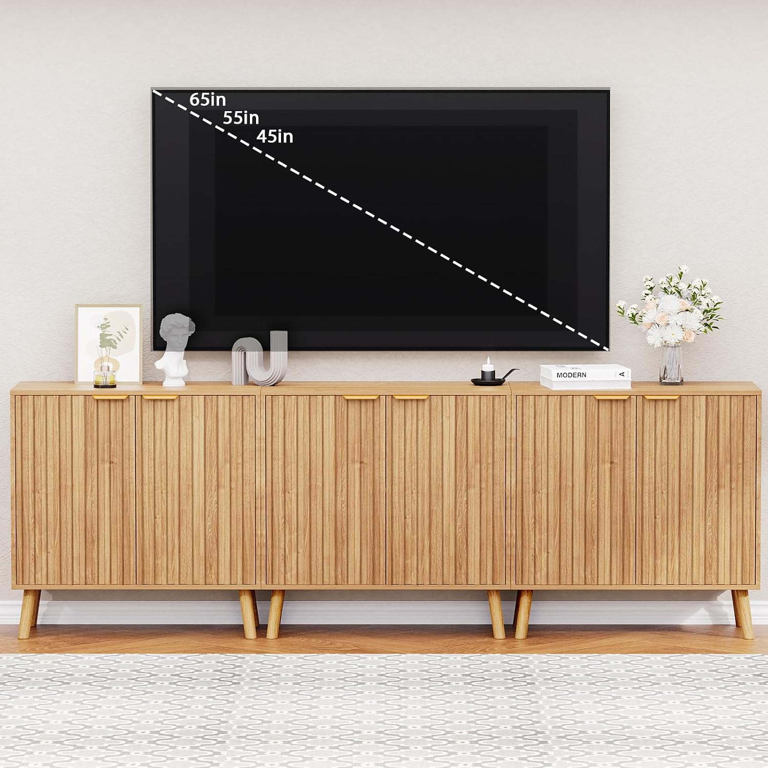 Fluted Storage Cabinet, Buffet Cabinet with Storage, Wood Sideboard with Adjustable Shelf, Modern Accent Cabinet & Console Table for Entryway, Living Room, Dining Room, Natural