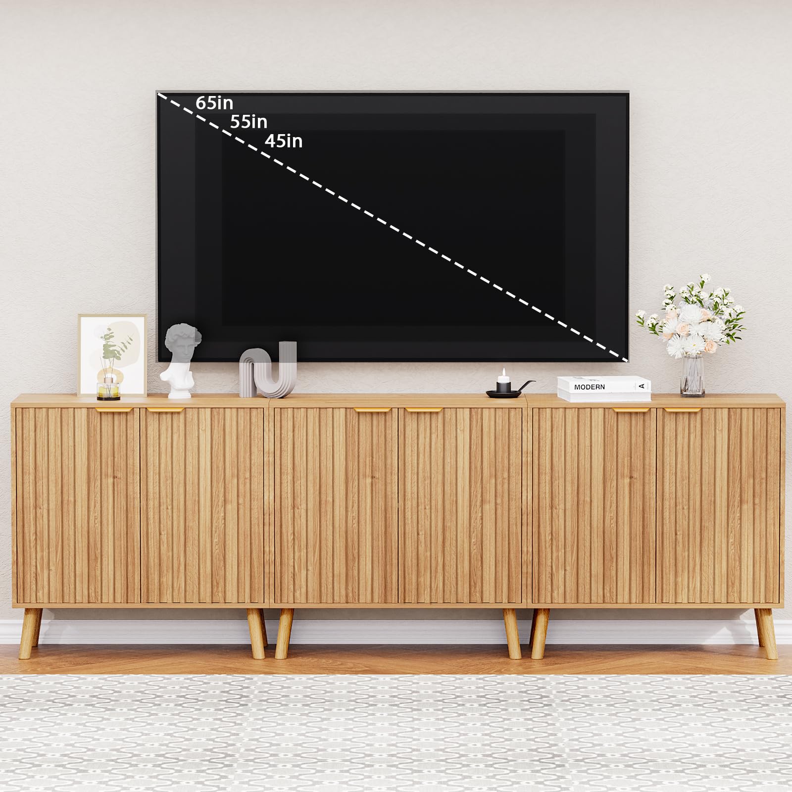 Fluted Storage Cabinet, Buffet Cabinet with Storage, Wood Sideboard with Adjustable Shelf, Modern Accent Cabinet & Console Table for Entryway, Living Room, Dining Room, Natural