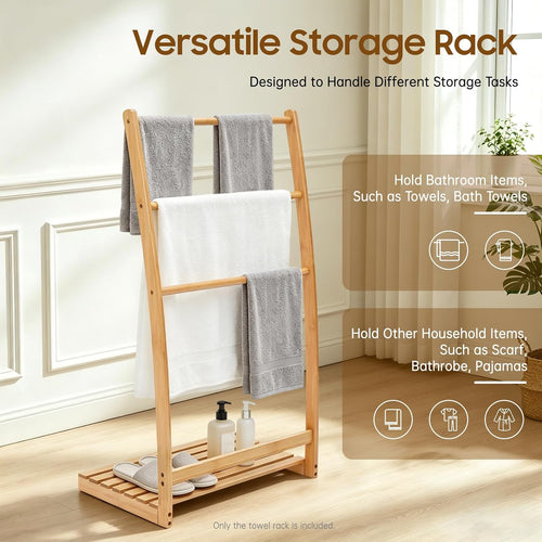 40 Bamboo 3 Tier Towel Rack Quilt Rack Stand or Blanket Rack Extra Tall freestanding Solid Wood Towel Rack with Bottom Storage Shelf for Living Room or Bedroom