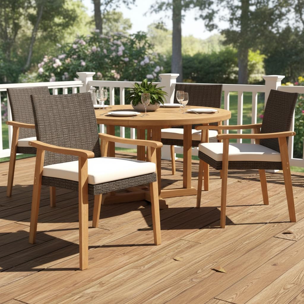 Tangkula Wicker Patio Dining Chair Set of 2, PE Rattan Outdoor Dinner Chairs with Removable Cushion, Acacia Wood Armrests & Legs, Outside Chairs for Backyard, Poolside, Porch, Yard, Balcony