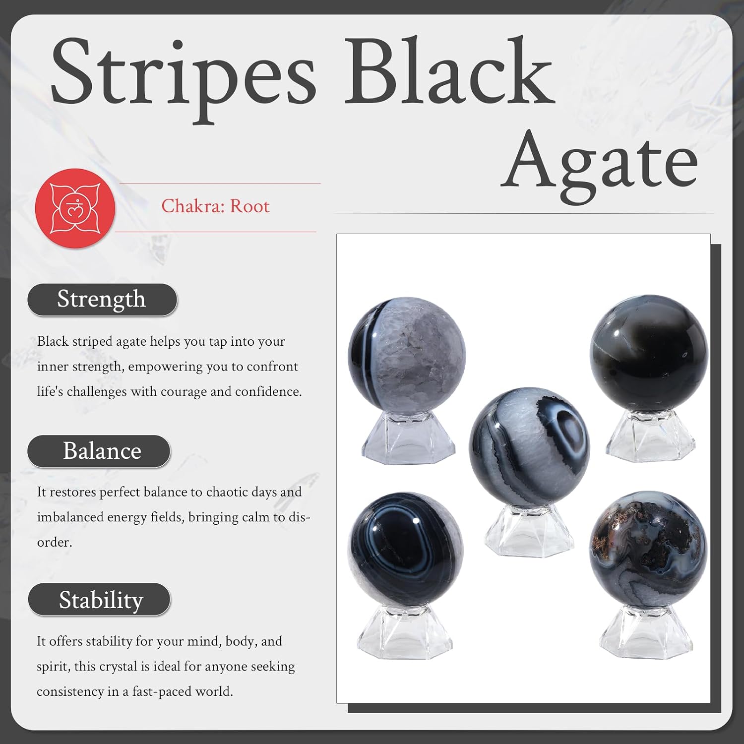 Sportmusies Natural Stripes Black Agate Stone Sphere with Acrylic Stand, Polished Crystal Ball Decoration for Home & Office, 2.36-2.76 inches
