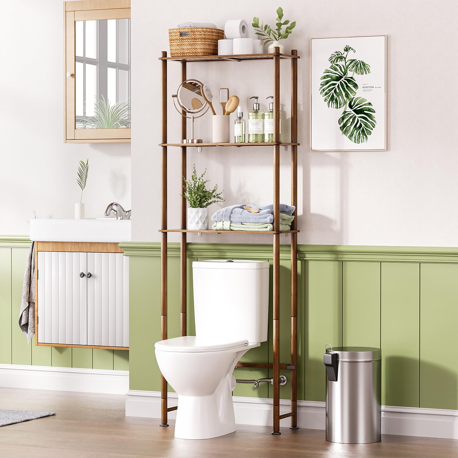 AmazerBath Bamboo Over The Toilet Storage Shelf, 2-Tier Over Toilet Organizer Rack, Freestanding Above Toilet Shelf for Bathroom, Laundry, Space Saver, Natural Color