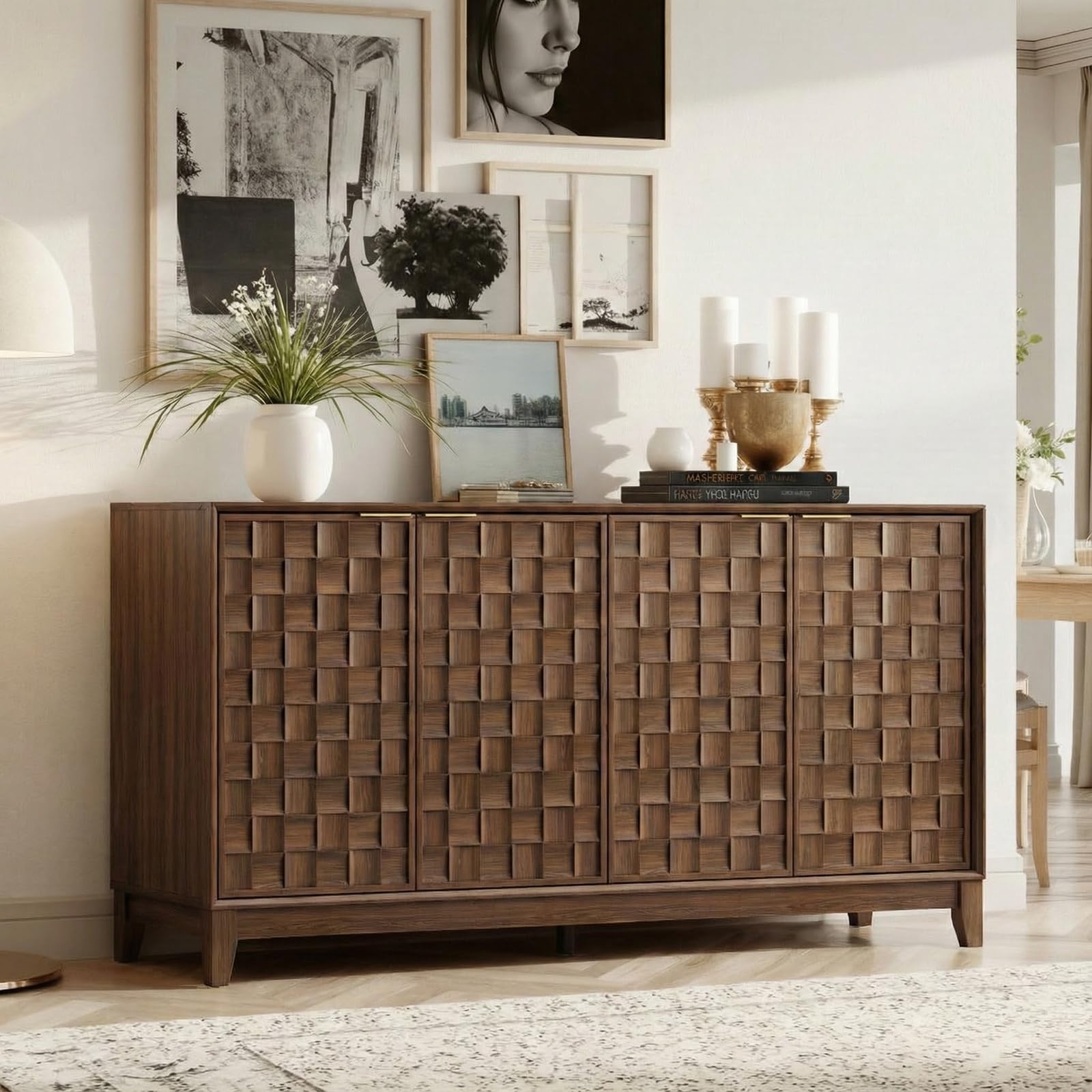 COLAMY Fluted Sideboard Cabinet with Storage – Solid Wood Buffet for Dining Room, Credenza Console with Adjustable Shelves, Walnut Finish, Mid Century Modern Style,Oak White
