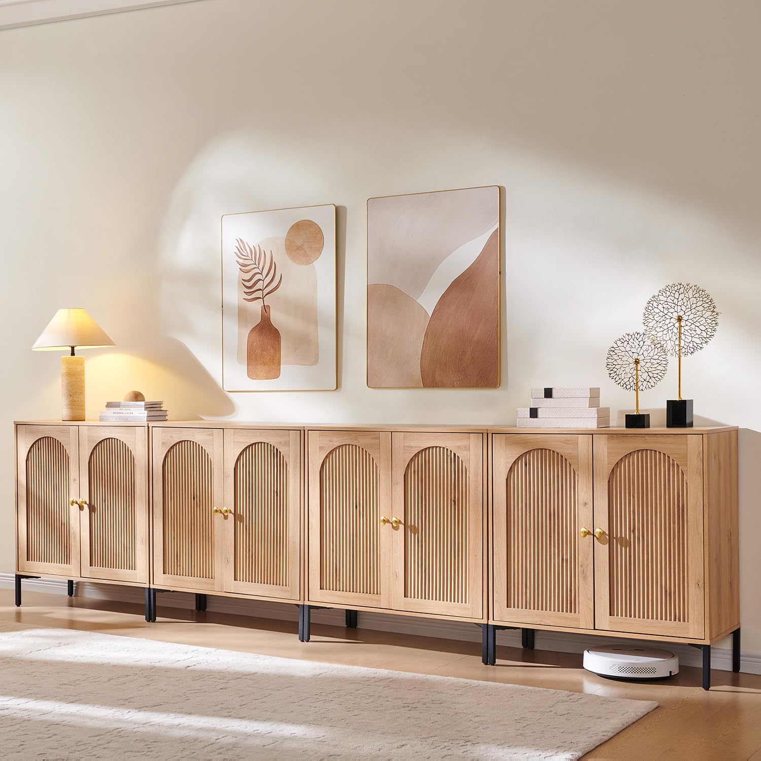 IFBUY Modern Sideboard Buffet Cabinet, 34" Tall Fluted Arched Buffet Cabinet with Storage and Adjustable Shelves, Wooden Modular Coffee Bar Cabinets for Kitchen, Entryway, Natural