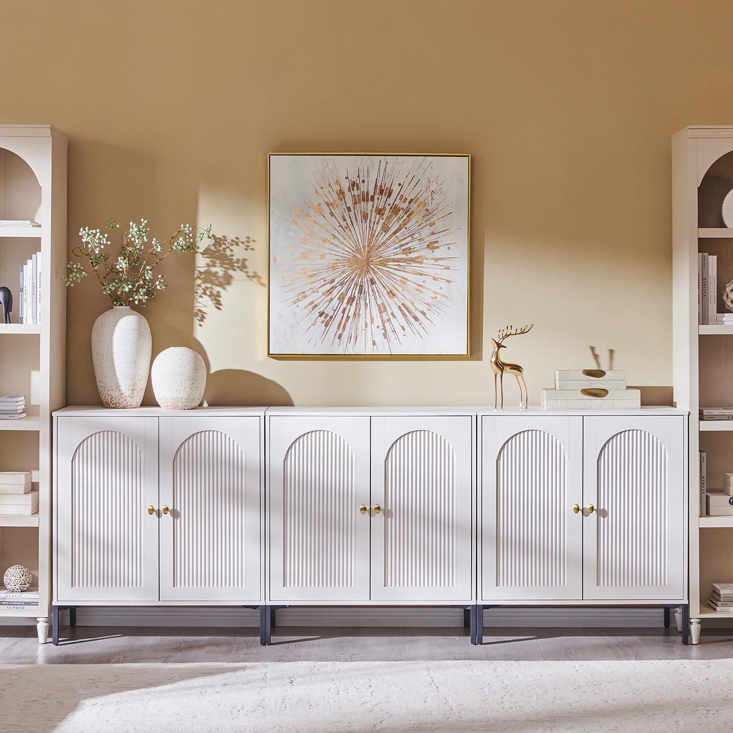 IFGET Modern Buffet Cabinet with Storage, 34" Tall Fluted Arched Sideboard Cabinet w/Adjustable Shelves, Wooden Modular Coffee Bar for Dining Room, Kitchen, Living Room, Entryway, Natural
