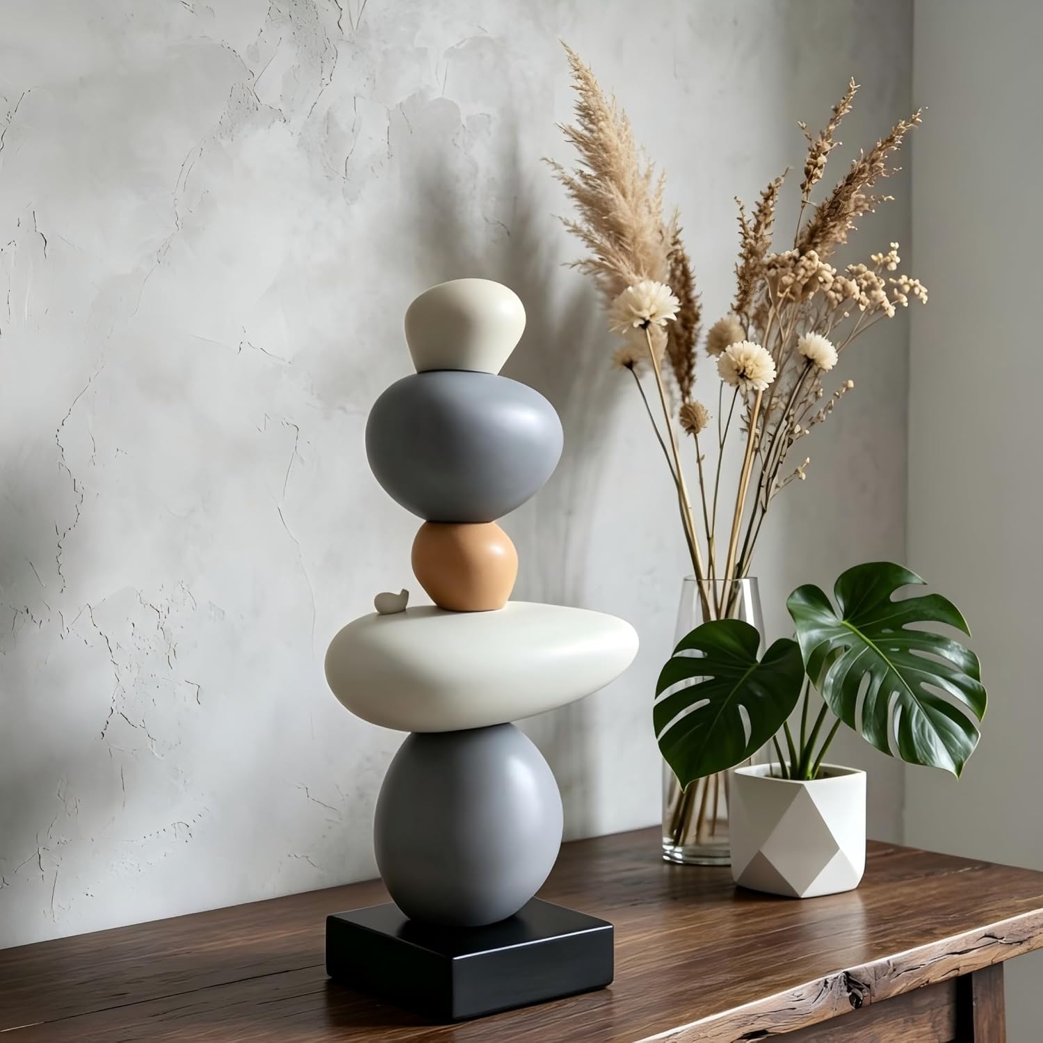 Zen Stacked Stones Sculpture, 12.6” Resin Balance Rock Statue for Modern Home Decor, Minimalist Abstract Stone Figurine for Living Room Shelf Desk Office, Neutral Color Decorative Art Ornament