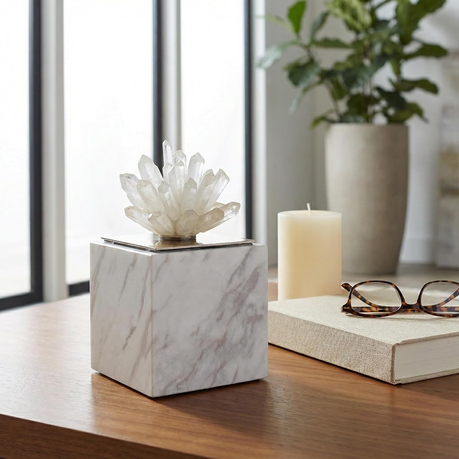 Marble Crystal Block Floral Accent Decor for Coffee Table Mantel Shelf