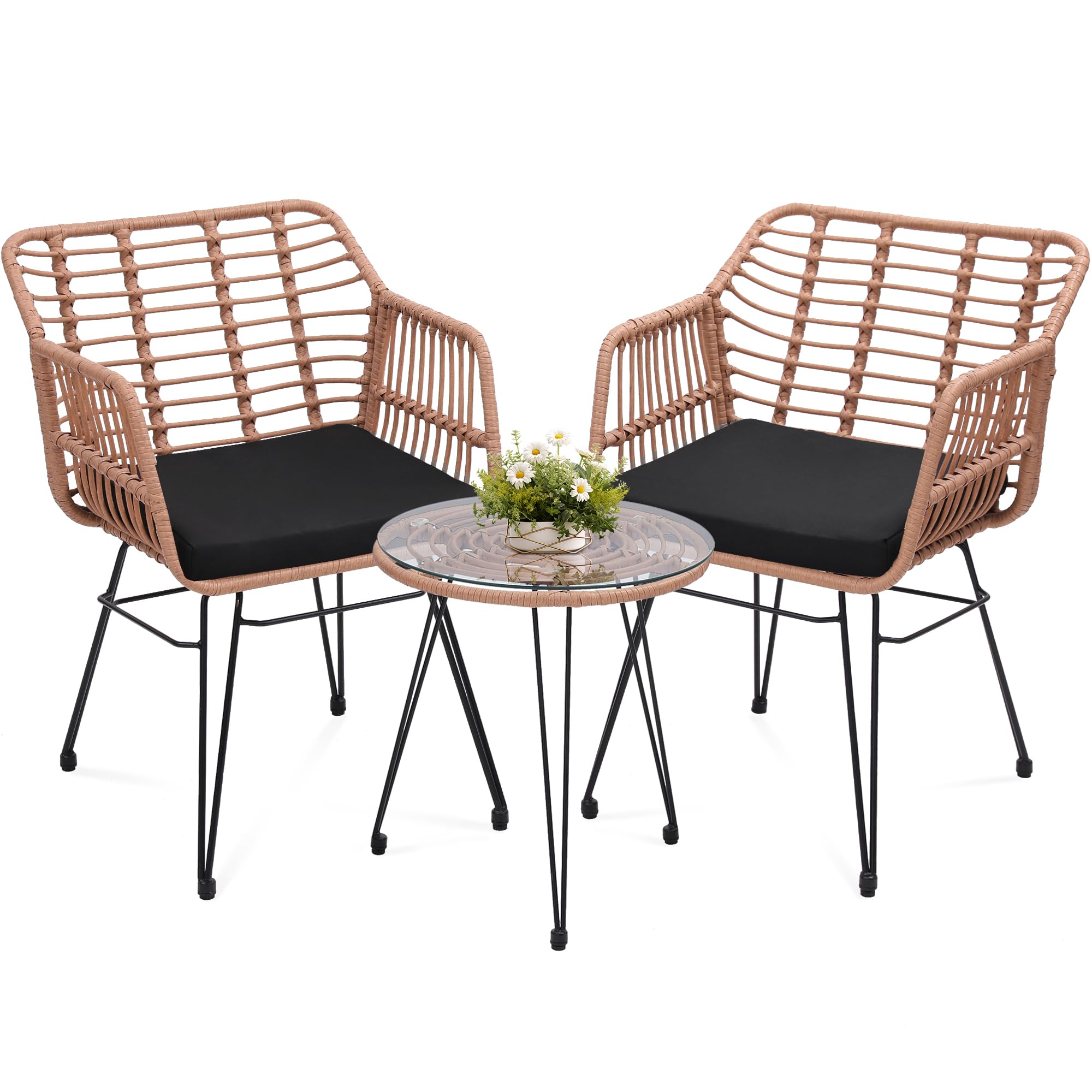 KROFEM 3 Piece Wicker Patio Bistro Furniture Set, Includes 2 Rattan Chairs and Glass Top Table, Ideal for Porch, Outdoor, Backyard, Apartment, Balcony, Natural