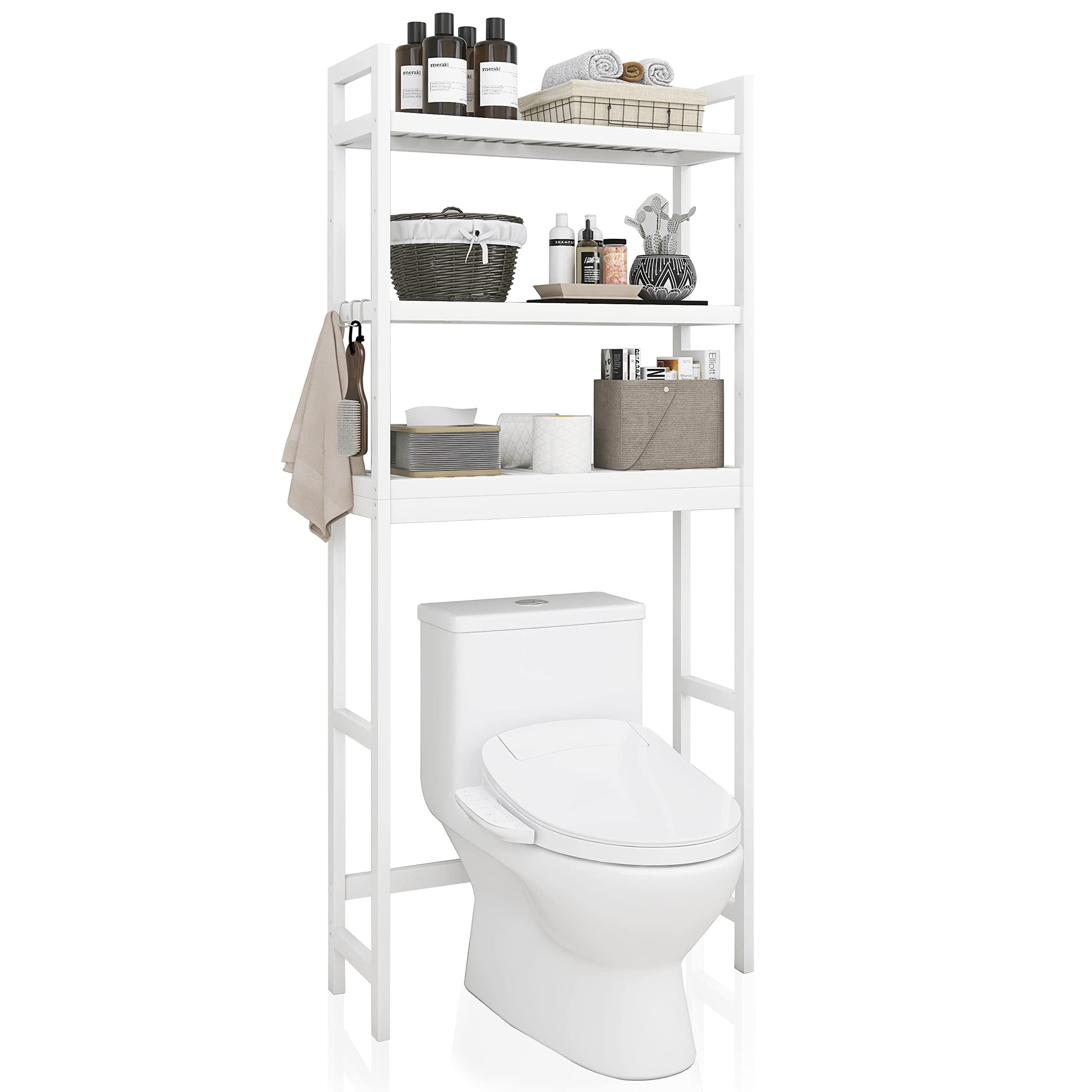 SMIBUY Bathroom Storage Shelf, Bamboo Over-The-Toilet Organizer Rack, Freestanding Toilet Space Saver with 3-Tier Adjustable Shelves (Natural)