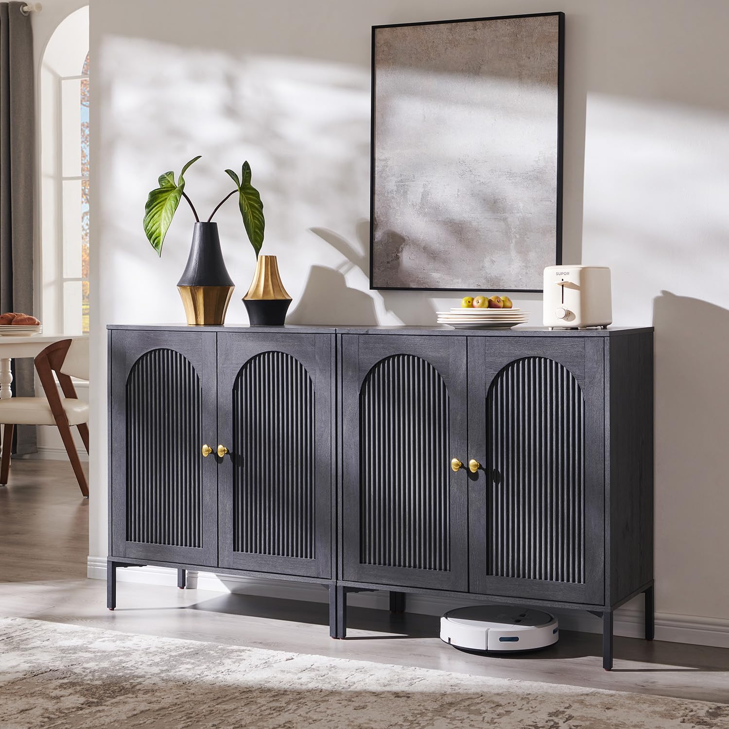 IFGET Modern Buffet Cabinet with Storage, 34" Tall Fluted Arched Sideboard Cabinet w/Adjustable Shelves, Wooden Modular Coffee Bar for Dining Room, Kitchen, Living Room, Entryway, Natural
