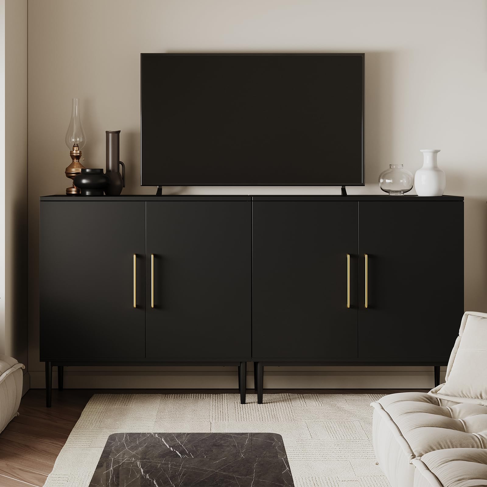 Fluted Storage Cabinet, Buffet Cabinet with Storage, Wood Sideboard with Adjustable Shelf, Modern Accent Cabinet & Console Table for Entryway, Living Room, Dining Room, Natural